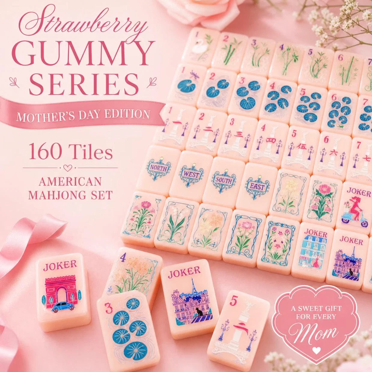 Pastel Floral Mahjong Set — 160 Tiles